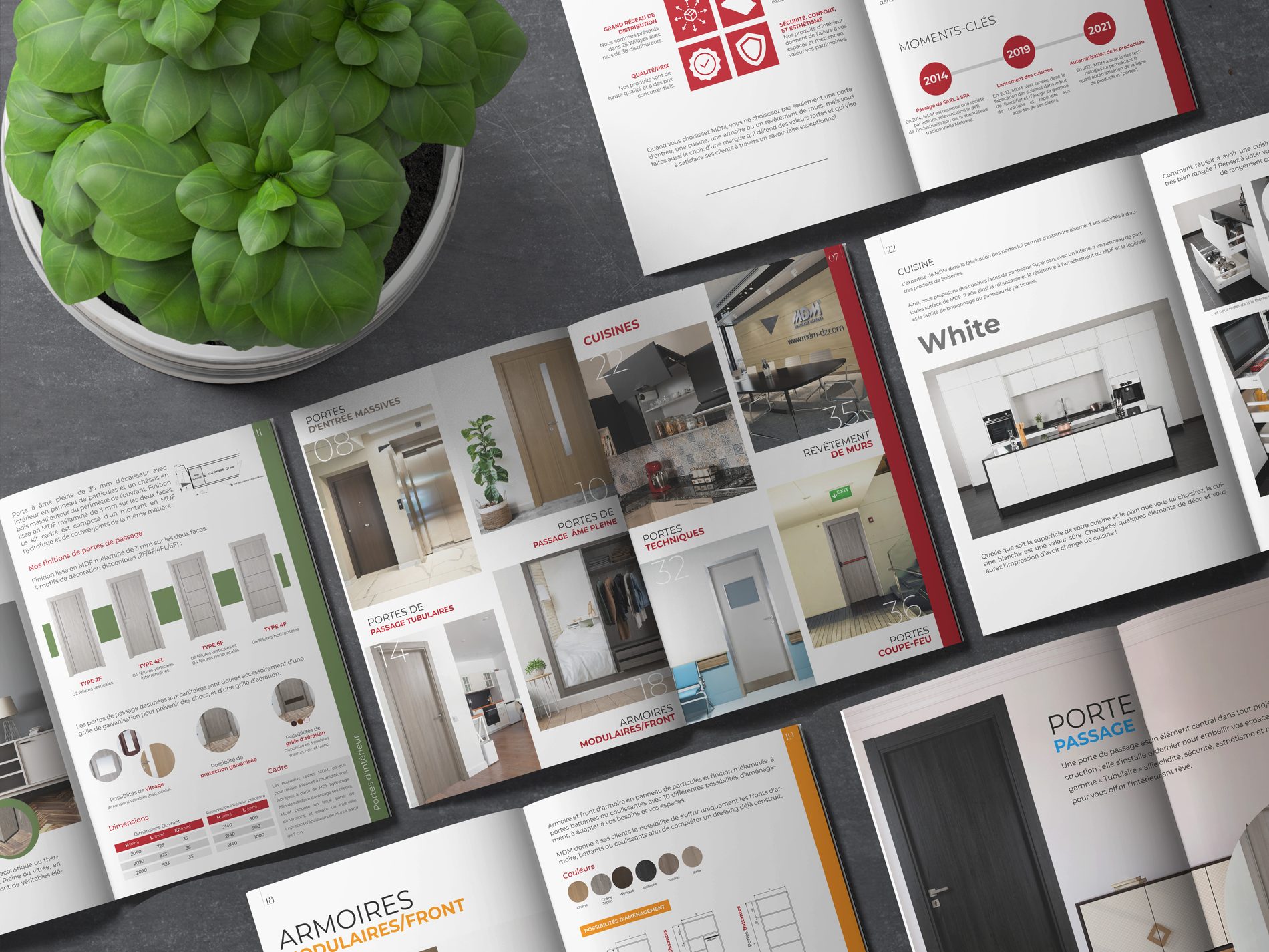 Several catalogue spreads laid out side by side